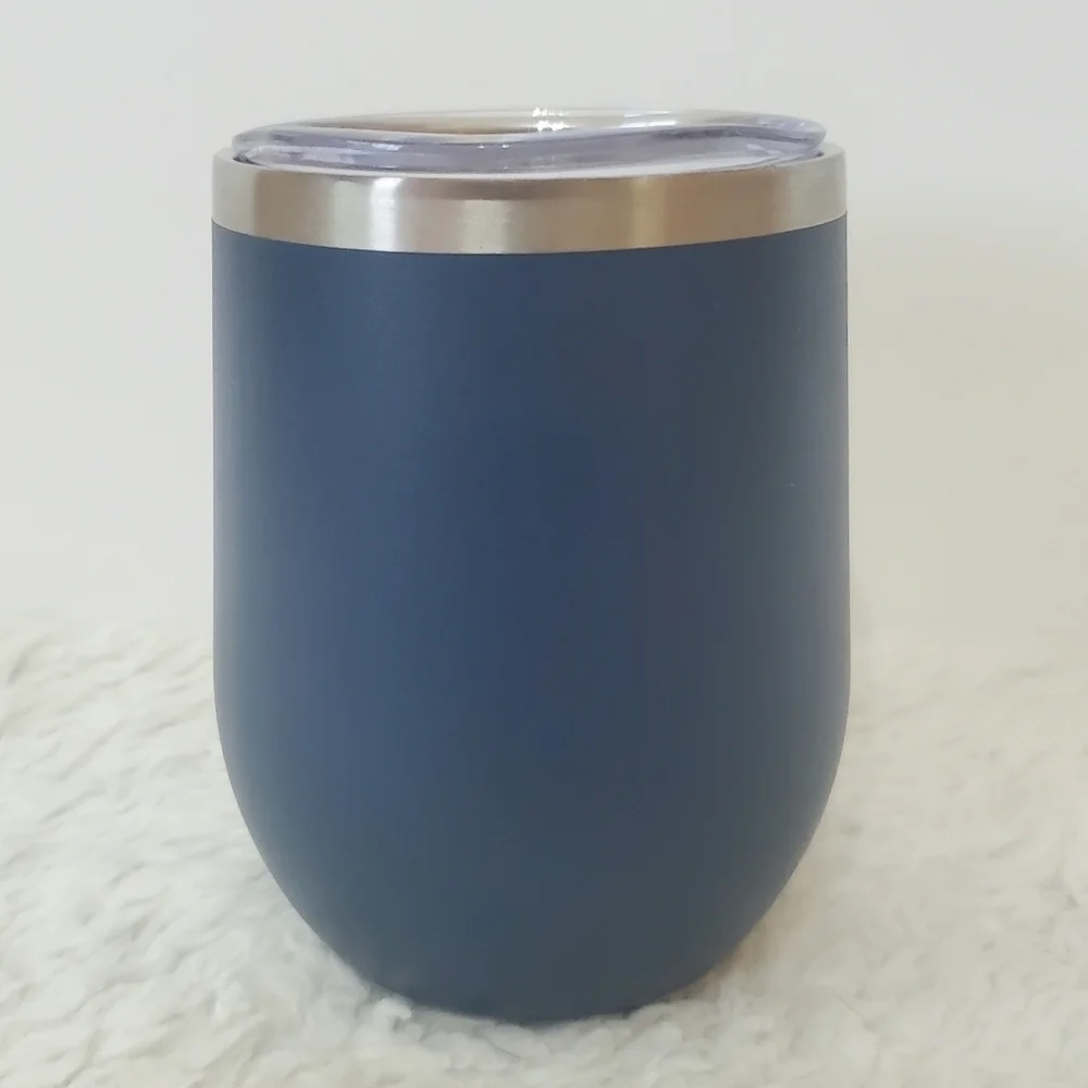 Navy Blue Silver Stainless Steel Stemless Wine Tumbler 12 Oz